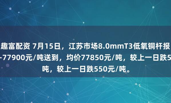 趣富配资 7月15日，江苏市场8.0mmT3低氧铜杆报价77800-77900元/吨送到，均价77850元/吨，较上一日跌550元/吨。