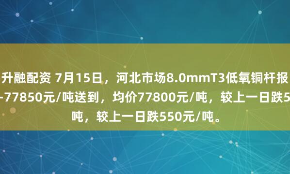 升融配资 7月15日，河北市场8.0mmT3低氧铜杆报价77750-77850元/吨送到，均价77800元/吨，较上一日跌550元/吨。